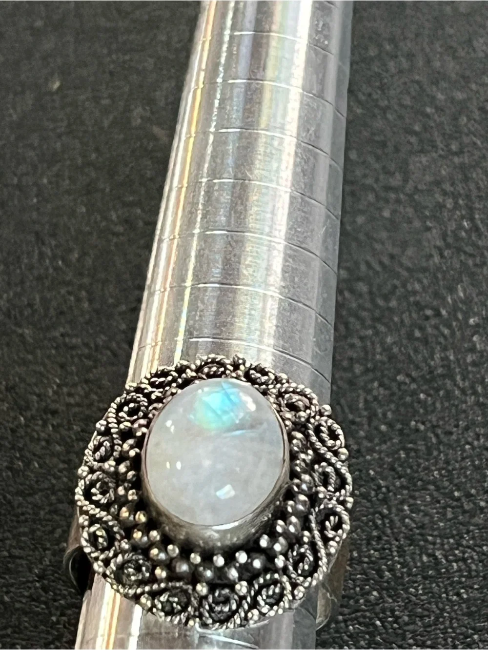 Sterling Silver Moonstone Beaded Halo Ring -Blue flash. See description